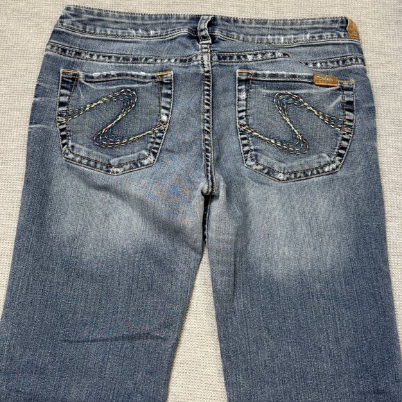 Silver Jeans Womens Blue Distressed Denim Tina Bootcut Double Button Waist Sz 32 - Picture 4 of 16